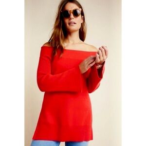 Anthropologie Off-the-Shoulder Red Knit Sweater